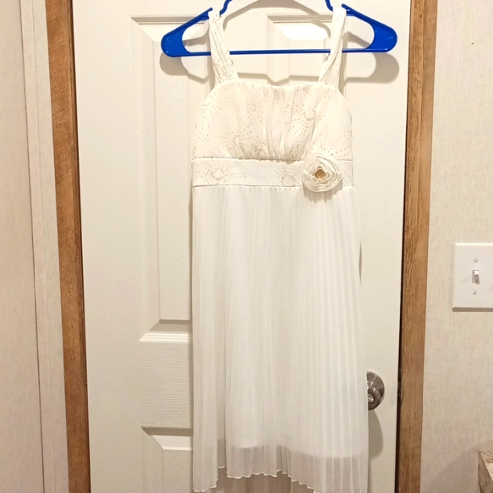 White flannel dress with flower accent to waist